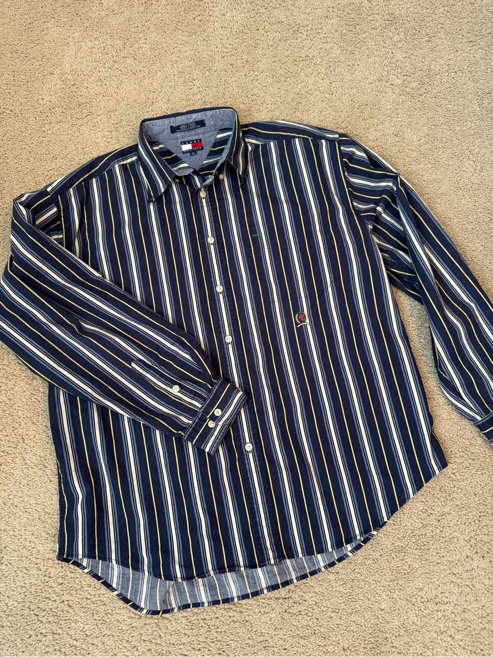 Vintage 90s Tommy Hilfiger Navy/Yellow Multi-Stripe Button-Down Shirt